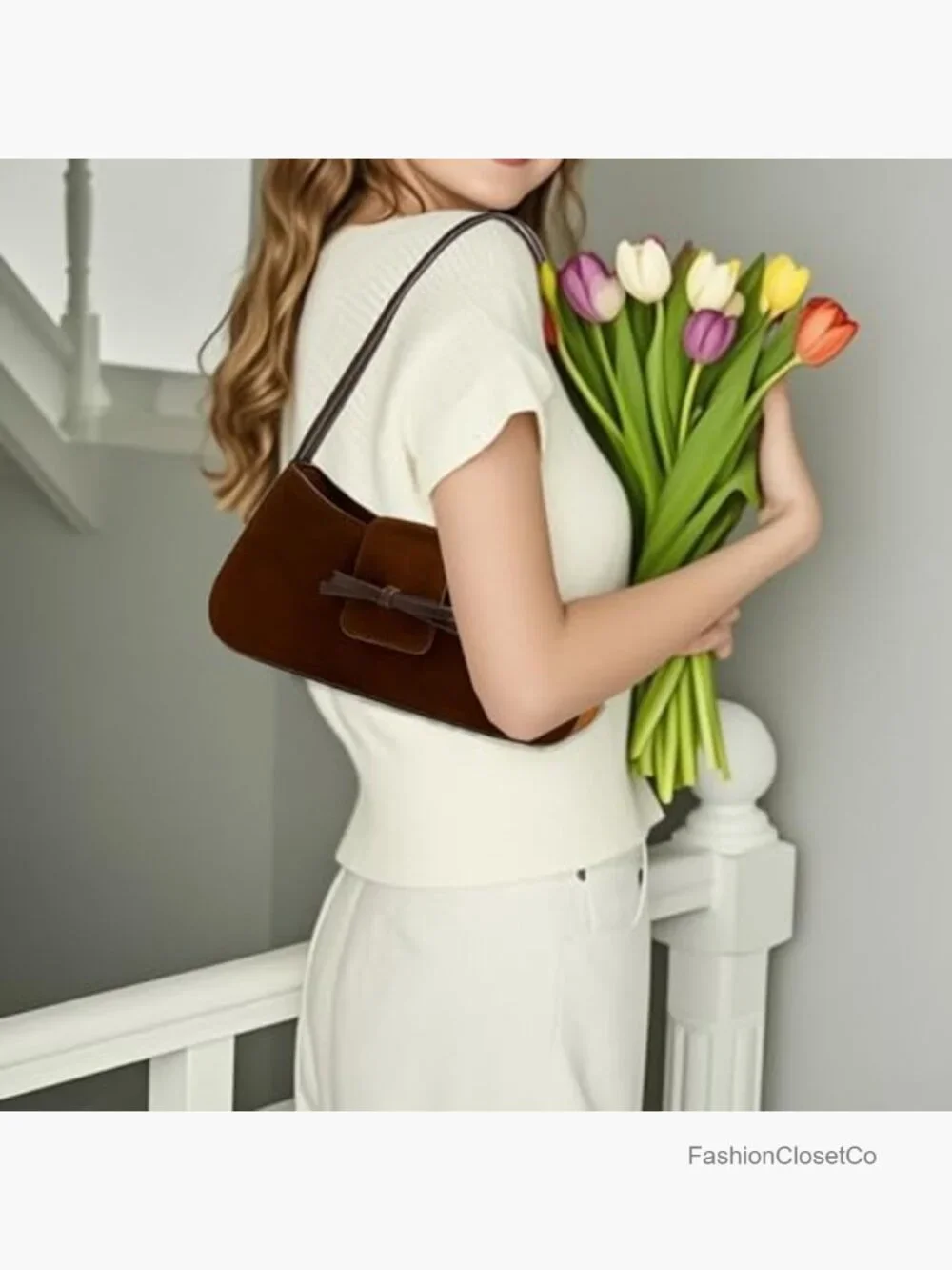 Suede Shoulder Bag Cute Bow Purse Hobo Handbag Clutch Underarm Purse - Picture 3 of 7
